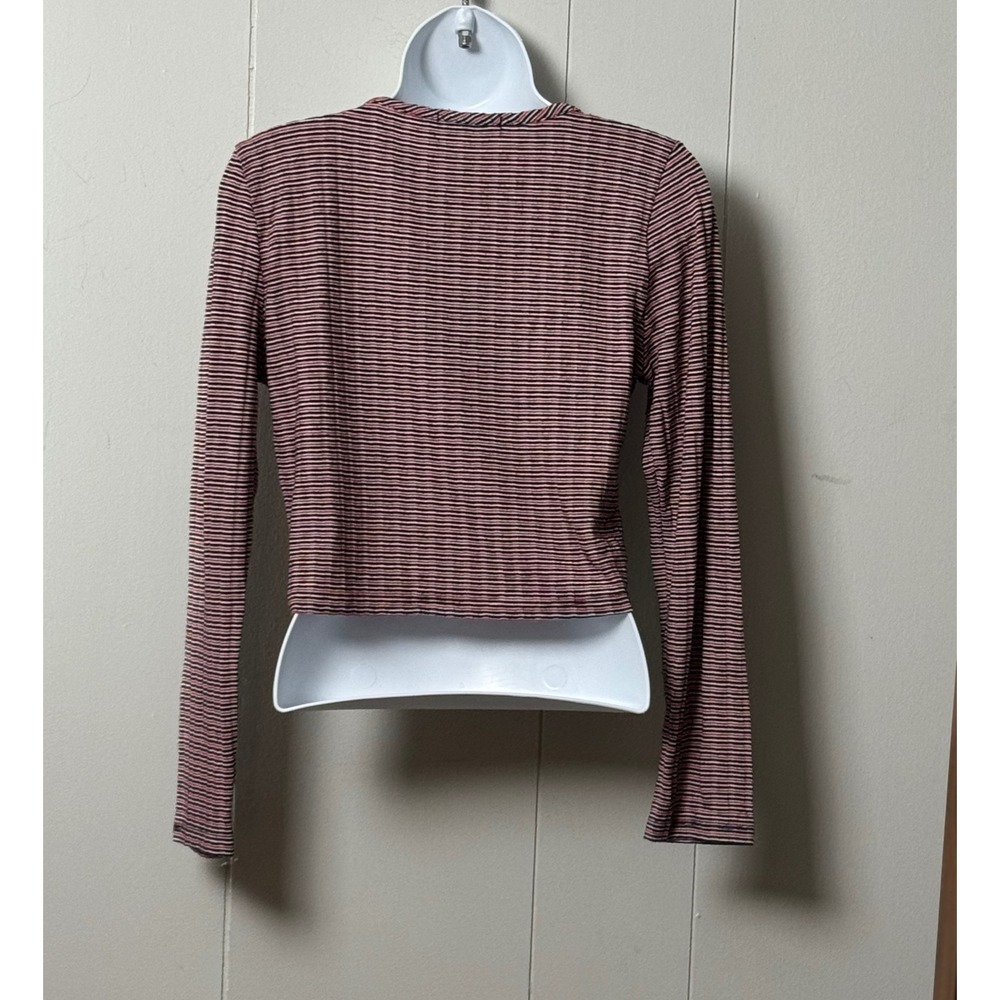 Cotton On Women's Striped Ribbed V-Neck Long Sleeve Crop Top Red Blue White Sz L - Picture 2 of 8